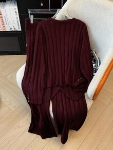 GlowEve CURVE Plus Size Women Casual Solid Color Sweater And Pants Set - Burgundy - View 2