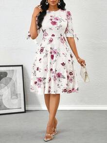 SHEIN Lady 女士碎花圆领泡泡袖中长连衣裙，优雅夏季连衣裙，女士碎花连衣裙，优雅印花连衣裙 - 白色 - 查看 4