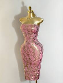 Mistrie Váy quây hở vai gợi cảm dập nóng màu hồng đa năng - Đỏ - Xem 4