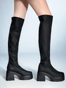 Sugerpunk Giày bốt cao đến đầu gối lưới đàn hồi mũi tròn phong cách Gothic dành cho nữ, thời trang ngoài trời xuân/thu, kiểu dáng mới, dễ xỏ chân - màu đen - Xem 4