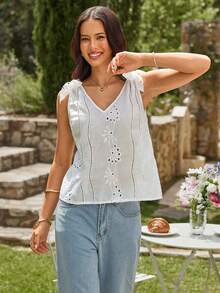 KARISMINA 女士刺绣镂空肩部系带无袖休闲衬衫 - 白色 - 查看 6