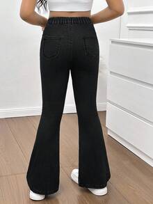 SHEIN 少女Y2K 90年代休闲纯色水洗高腰喇叭休闲保暖保暖内衬牛仔喇叭裤，圣诞节 - 黑色 - 查看 2