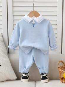 SHEIN Playful Pals Bộ 1 áo len cho bé trai, áo len chui đầu cổ polo dễ thương thời trang, dài tay + quần dài dệt kim, mềm mại và thoải mái, thích hợp cho mùa xuân/thu, thích hợp để mặc hàng ngày, đi chơi, du lịch, nghỉ dưỡng, ở nhà, nhà trẻ và vui chơi cho trẻ em - Màu xanh lam - Xem 2