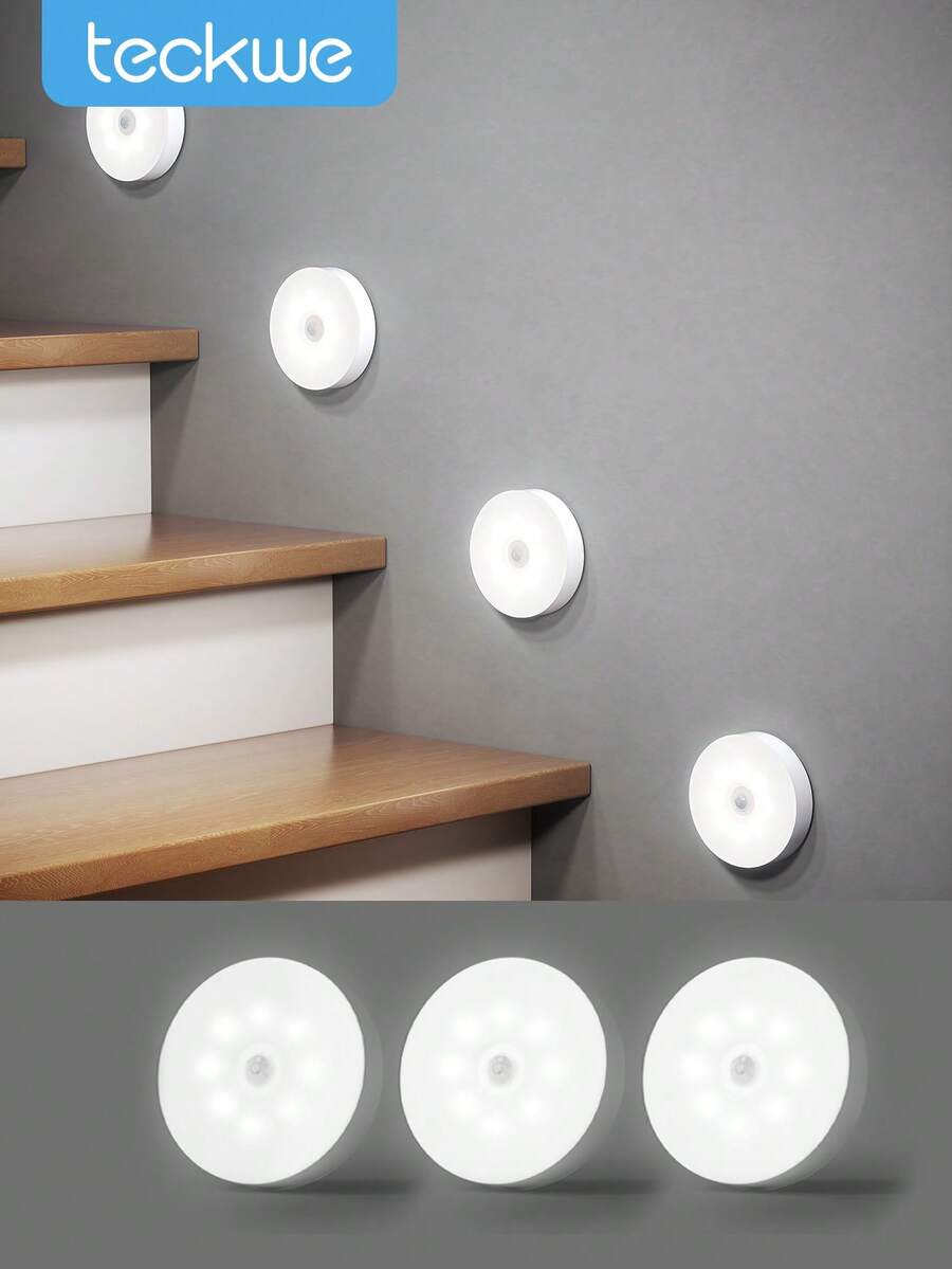 Teckwe 6pcs/3pcs/2pcs/1pc LED Wireless Motion Sensor Wall Light, Rechargeable Nightlight Auto On/Off, Suitable For Kitchen, Bedroom, Living Room, Corridor, Bathroom, Room Decoration