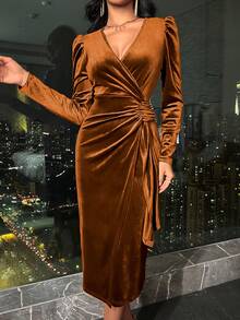 秋季优雅丝绒裹身长裙女装 - 棕色 - 查看 5