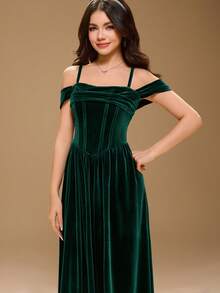 Váy nhung trơn dài lưng cao không tay trễ vai thời trang thanh lịch cho bé gái tuổi teen, thích hợp cho tiệc Giáng sinh, dạ hội, lễ tốt nghiệp, những dịp trang trọng - màu xanh lá - Xem 7