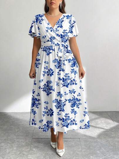 Firerie Casual Minimalist Blue & White Porcelain Vintage Floral Pattern Loose Fit Plus Size Dress, Suitable For Autumn/Winter Flowy Dress Boho Suitable For Going Out Chic Dress
