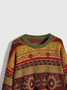 ROMWE Fairycore Casual Geometric Pattern Dropped Shoulder Loose Knit Sweater, Autumn/Winter - Brown - View 3