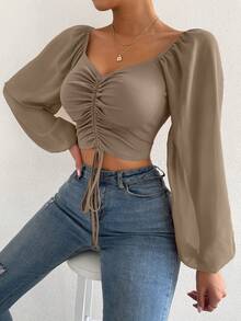 Chiquease Women Casual Solid Color Lantern Sleeve Drawstring Hem Blouse For Autumn Fall Cloth For Women - Brown - View 6