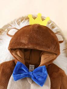 SHEIN Newborn Cute Monkey Design Plush Hooded Long Sleeve Jumpsuit, Winter - Brown - View 6