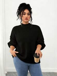 SHEIN Tall CURVE Plus Size Casual Drop Shoulder Crew Neck Long Sleeve Sweater - Black - View 4