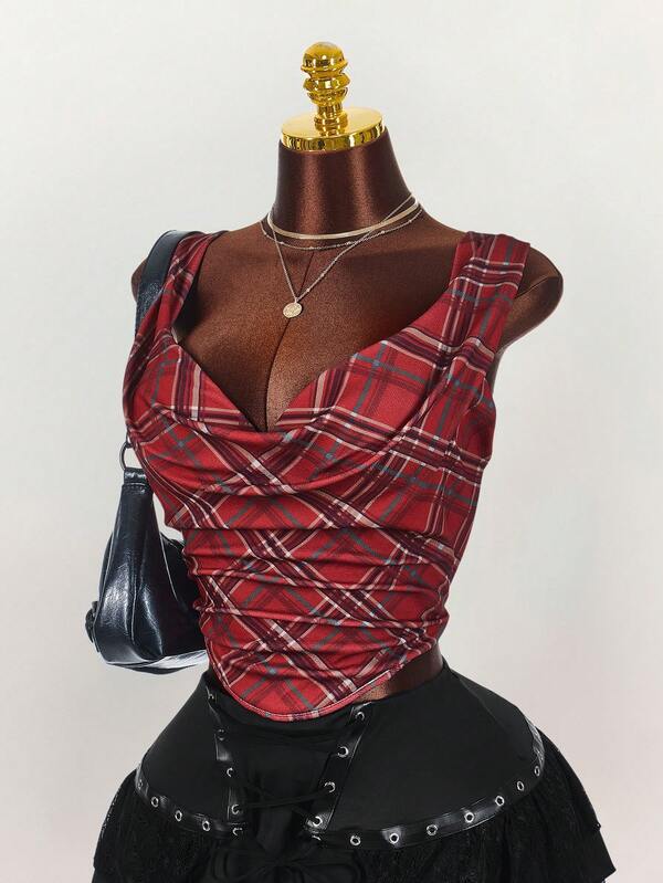 Amplova Plus Size Women Plaid Sleeveless Casual Blouse