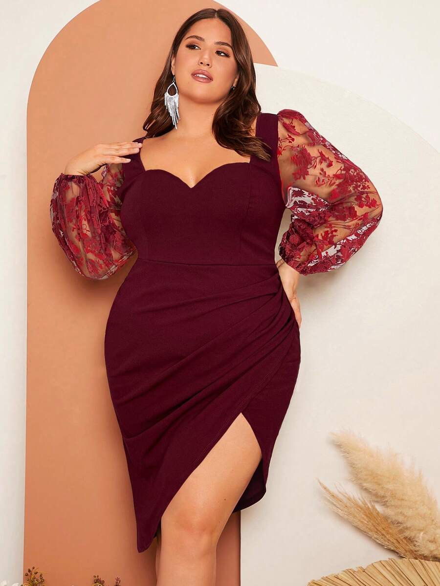 SHEIN Belle 大码花卉植绒网纱裹身伴娘礼服 - 紫紅色 - 查看 1