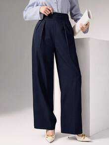 Heiryn Pantalones anchos de cintura alta plisados, elegantes y apropiados para el trabajo en otoño/invierno - Azul Marino - Ver 3