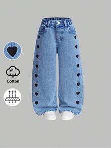 Sparklyn 少女水洗浅蓝和深蓝爱心刺绣牛仔裤，Y2K风格宽松直筒裤，舒适百搭，适合春、夏、秋、冬、假日和休闲外出。少女做旧复古时尚个性前开衩漂白牛仔阔腿修身百搭四季蓝色牛仔裤，休闲风格，牛仔裤上饰有爱心和蝴蝶结。 - 中等水洗藍 - 查看 5