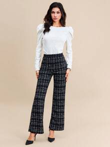 SHEIN Clasi Summer Elegant Women's Plaid Printed Elastic Knitted Pants, Suitable For Various Occasions, Suitable For Summer Vacation, Elegant Travel, And Daily Commuting