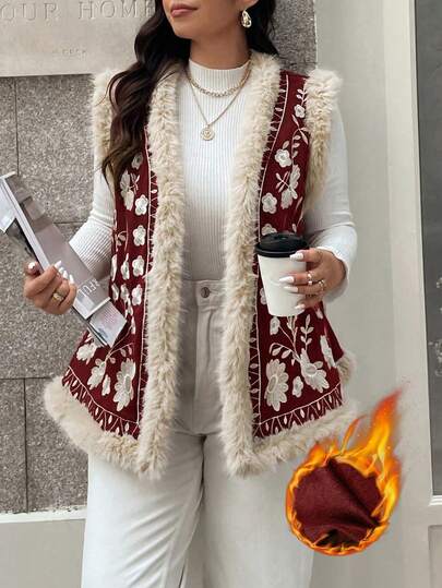 Vionelle Chaqueta vintage con bordado floral, parches y ribete de piel sintética de talla grande, chaqueta sin mangas de otoño/invierno para mujer en color burdeos, tejida a ganchillo para mujer, regalo de Navidad para mujeres