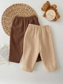SHEIN 2pcs Baby Girl Corduroy Solid Color Thermal Lined Elastic Waist Pants, Autumn/Winter - Multicolor - View 2