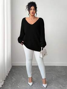 SHEIN Tall CURVE Pull oversize à manches longues raglan col V décontracté