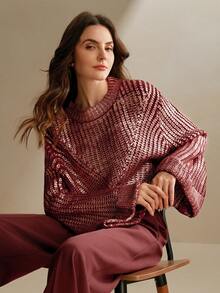 Anewsta Fashionable Gradient Gold Foil Flare Sleeve Cropped Sweater