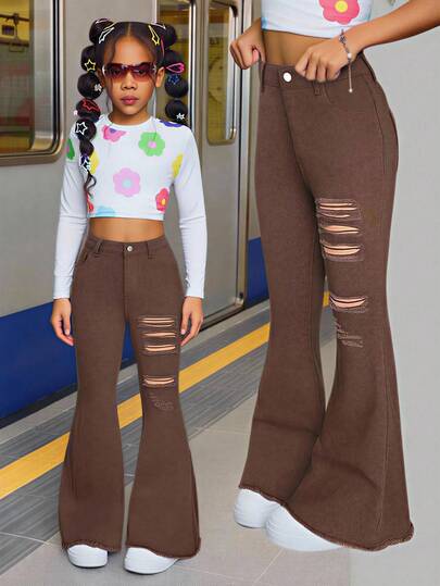 SHEIN Tween Girls Sommarsemester Rå Fåll Lila Tvättade Rivna Hög Stretchiga Bomullsmjuka Utsvängda Jeansbyxor, Tween Girl Sommarsemester Strandkläder Konsert Rave Outfits