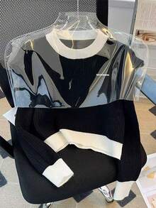 SHEIN 女士圆领撞色长袖毛衣，秋冬季 - 黑色 - 查看 3
