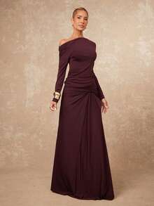 Lumalex 女士优雅通勤浪漫酒红色不对称领口荷叶边设计长袖修身T恤 女士优雅浪漫荷叶边设计长袖修身半身裙 - 酒紅色 - 查看 8