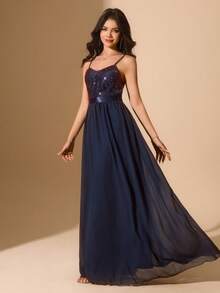 Vestido de malla con contraste de lentejuelas y cintura ceñida, adecuado para bodas, galas, actuaciones, fiestas de cumpleaños, Navidad para adolescentes - Azul Marino - Ver 5