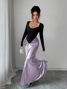 Elenzga Women's Solid Color Patchwork Long Sleeve Dress - Mauve Purple - View 6