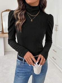 SHEIN Clasi 女士优雅高领针织弹力羊角袖修身T恤，适合日常穿着及多种场合，秋冬黑色上衣，新年冬季必备 - 黑色 - 查看 4