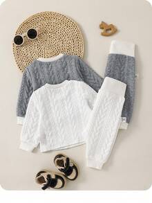 SHEIN 4件套新生儿男女宝宝卡通图案可爱长袖按扣肩上衣和松紧腰裤套装，适合秋冬季室内外穿着 - 淺灰色 - 查看 2