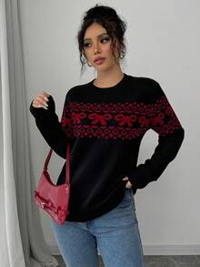 Elenzga 女士休闲圆领蝴蝶结套头毛衣，秋冬季 - 黑色 - 查看 4