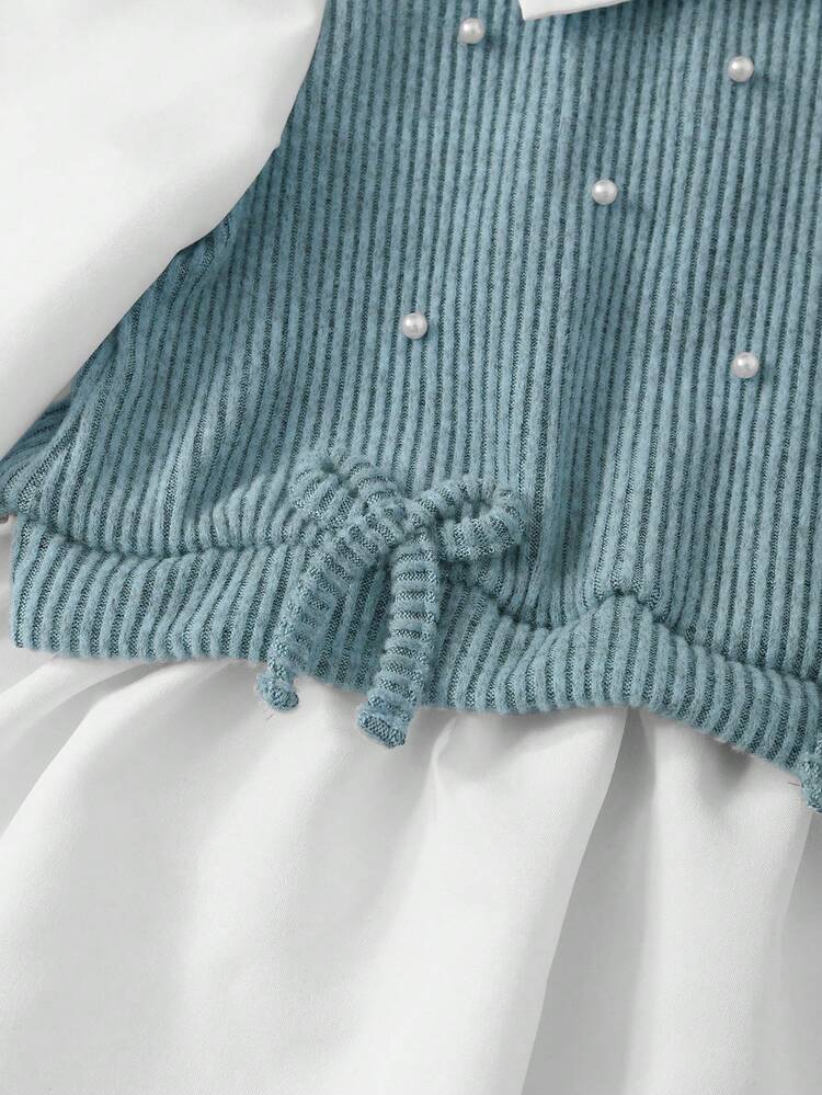 Conjunto informal de camisa para niñas, diseño de lazo en caqui, tela de punto acanalada con cuentas, blusa de manga larga con volantes en el bajo, combinada con pantalones acampanados de color caqui con perlas, conjunto de 2 piezas, adecuado para volver al colegio, uso casual, moda, dulce, cómodo para viajes al aire libre - Azul - Añade 8