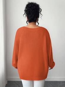 SHEIN Tall CURVE Plus Size Casual V-Neck Raglan Long Sleeve Pullover Sweater - Orange - View 2