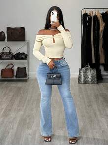 BamGleam Women's Fashionable Sexy Solid Color Hollow Off Shoulder T-Shirt - Apricot - View 7