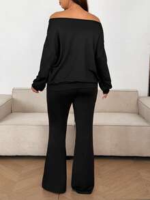 Sunnyshic Bộ 2 món áo hở vai và quần ống loe cỡ lớn cho nữ - màu đen - Xem 2