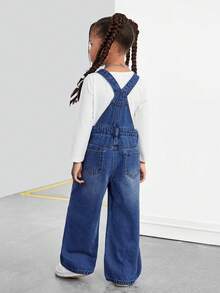 SHEIN 女童蓝色无袖休闲舒适透气宽松牛仔背带裤 - 深色水洗藍 - 查看 2