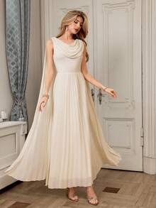 SHEIN Elenzya Sleeveless Ruffled Pleated Waist A-Line Elegant Romantic Sophisticated Women's Dress - Apricot - View 3