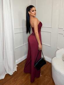 SHEIN SXY 女士蕾丝拼接优雅阔腿连体裤 - 酒紅色 - 查看 2