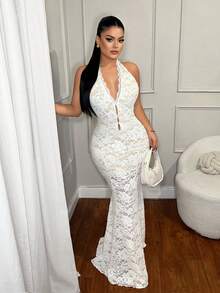 SHEIN SXY Low Neck Lace Sexy & Elegant White Dress,Lace,New Year,Party ,Club ,Sexy ,Elegant ,Elegant, White Mermaid Dress, White Sexy Dress, White Lace Dress Women, Elegant White Dress Curve, Slay Diva Dress,White Dresses For Women - White - View 3