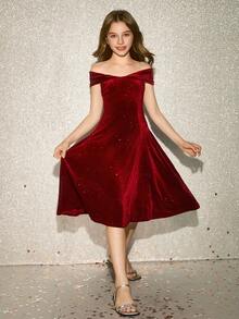 Tween Girl Elegant Burgundy Velvet Sequin Off-Shoulder Ruched Slim Fit Dress - Burgundy - View 6