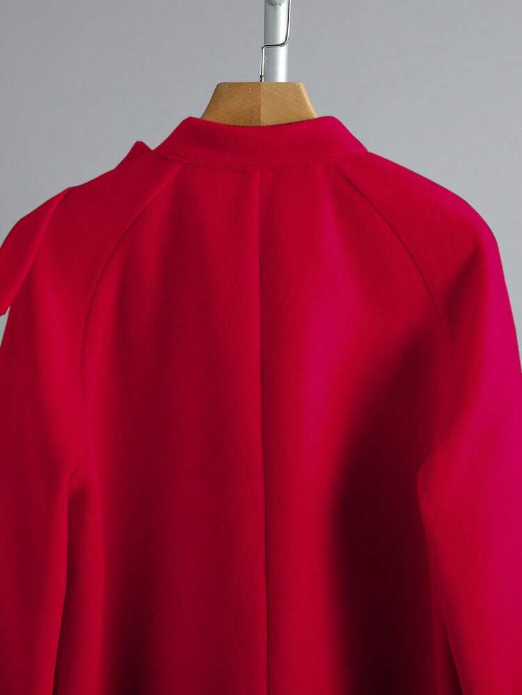 GlowEve Women's Elegant Solid Color Knotted Collar Faux Fur Cuff Warm Overcoat, Autumn/Winter - Red - View 3