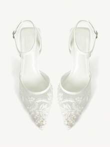 CUCCOO CHICEST 女士白色珍珠刺绣网眼透气性感优雅派对宴会踝带尖头细高跟鞋 - 白色 - 查看 4