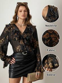 Zelara 大码女装时尚印花荷叶边V领衬衫黑色上衣黑色衬衫时尚女式衬衫优雅女士新年感恩节女士感恩节衬衫圣诞节圣诞派对冬季女士时尚系列 - 黑色 - 查看 2