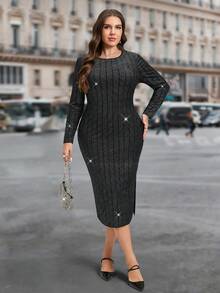 SHEIN LUNE Đầm midi nữ cổ tròn tay dài thời trang thanh lịch quyến rũ dáng dài LUNE cỡ lớn Đầm midi nữ mùa thu Đầm nữ - Đỏ - Xem 4