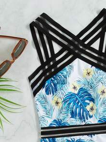Traje de baño de una pieza con estampado tropical, estampado aleatorio - Multicolor - Ver 5