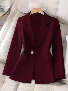 GlowEve CURVE Plus Size Solid Color Minimalist Daily Wear Button Decor Long Sleeve Blazer - Burgundy - View 5