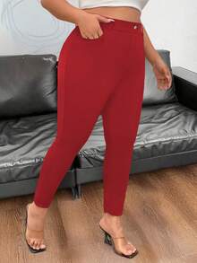 SHEIN PETITE Quần bó cạp chun màu trơn đơn giản ôm vừa vặn - Đỏ - Xem 4