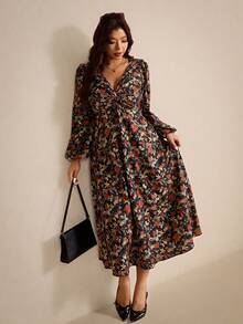 Elaquor Plus Size Elegant Party Floral Print Lantern Sleeve Dress Fall Dresses For Women Floral Midi Dress Midi Dress With Sleeves Plus Size Boho Dress, Fall/Winter Dresses Flower