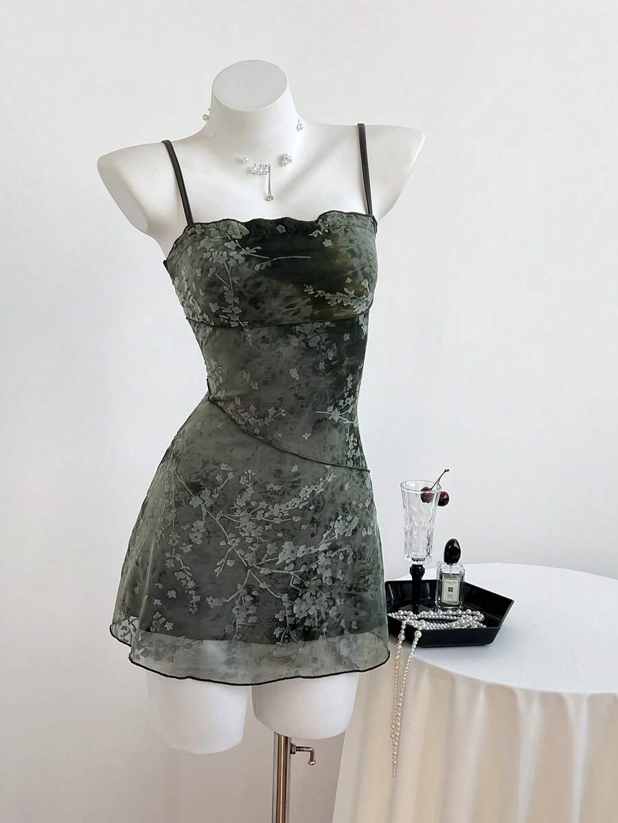 Elamini 女式夏季度假风格植绒复古生菜边修身吊带背心连衣裙 - 薄荷綠 - 查看 1